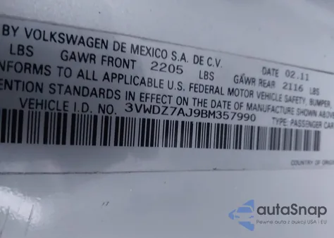 2011 Volkswagen Jetta 2.5L Se from USA, damaged, VIN 3VWDZ7AJ9BM357990